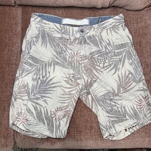 Paperbacks Men's Shorts 32/33 Linen Blend Tropical Print Beige Palm Leaf Casual
